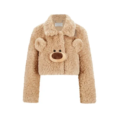 13DE MARZO Bear Face Faux Fur Coat Khaki