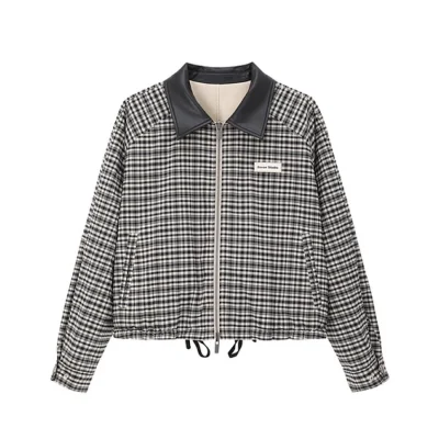 REVAN Reversible Balloon PU Leather Jacket with Check Pattern Khaki - Image 3