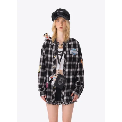13DE MARZO Flight Bear Badge Check Shirt Black