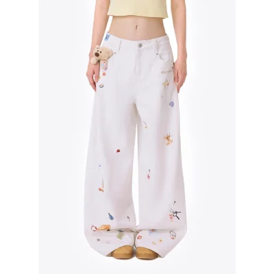13DE MARZO Bear Stickers Jeans White