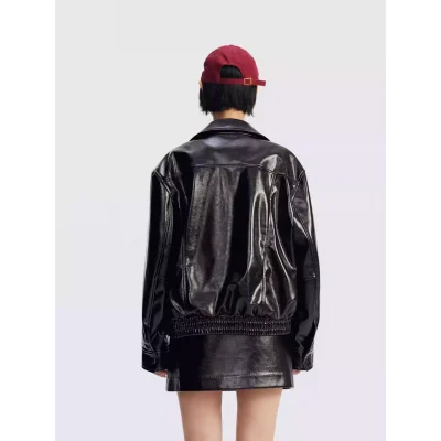 REVAN Glossy PU Leather Jacket with Shearling Lining Black Red - Image 4
