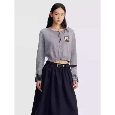 REVAN x Hello Kitty Badge Knit Cropped Cardigan Grey