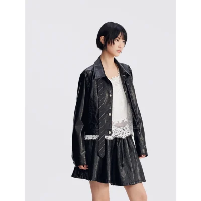REVAN Classic PU Leather Jacket with Twill Tie Trim Black - Image 3