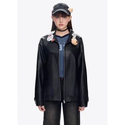 13DE MARZO Badge Leather Jacket Black
