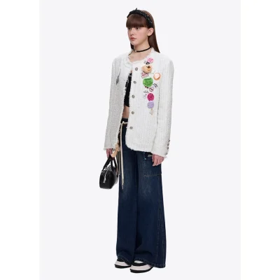 13DE MARZO Badge Vintage Chunky Wool Jacket White - Image 3