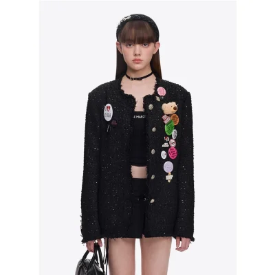 13DE MARZO Badge Vintage Chunky Wool Jacket Black