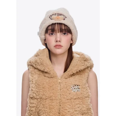 13DE MARZO Embroidered Plush Beanie Almond