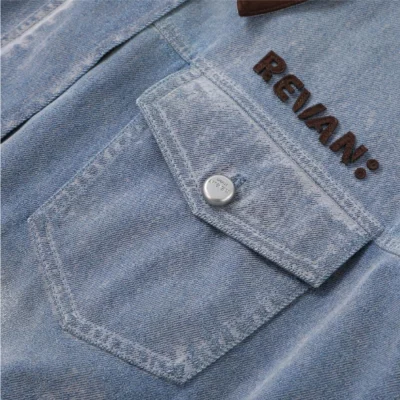 REVAN Contrast Collar Washed Denim Jacket Blue Brown - Image 4