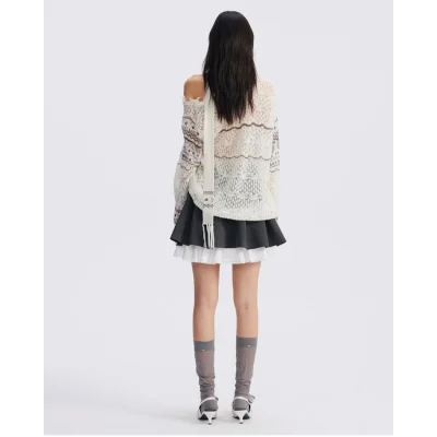 REVAN Monochrome Contrast Spliced Pleated Mini Skirt with Leather Belt Dark Grey - Image 5