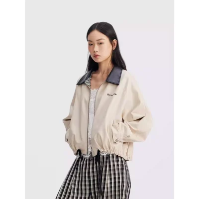 REVAN Reversible Balloon PU Leather Jacket with Check Pattern Khaki - Image 6