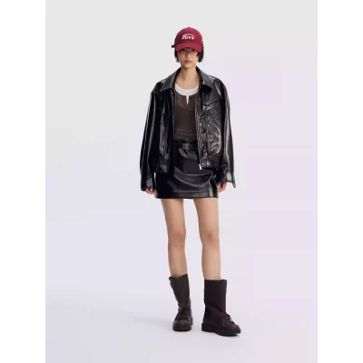 REVAN Glossy PU Leather Jacket with Shearling Lining Black Red