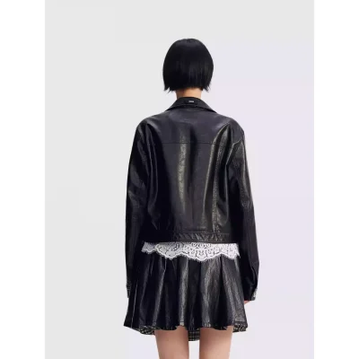 REVAN Classic PU Leather Jacket with Twill Tie Trim Black - Image 4