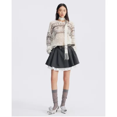 REVAN Monochrome Contrast Spliced Pleated Mini Skirt with Leather Belt Dark Grey