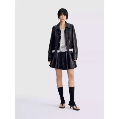 REVAN Classic PU Leather Jacket with Twill Tie Trim Black - Image 5