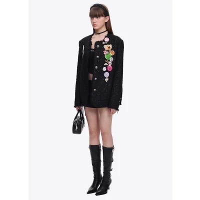 13DE MARZO Badge Vintage Chunky Wool Jacket Black - Image 4