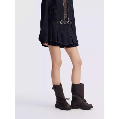 REVAN Faux Leather Look Ruffle Denim Skirt Dark Blue - Image 5