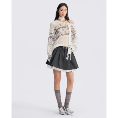 REVAN Monochrome Contrast Spliced Pleated Mini Skirt with Leather Belt Dark Grey - Image 4