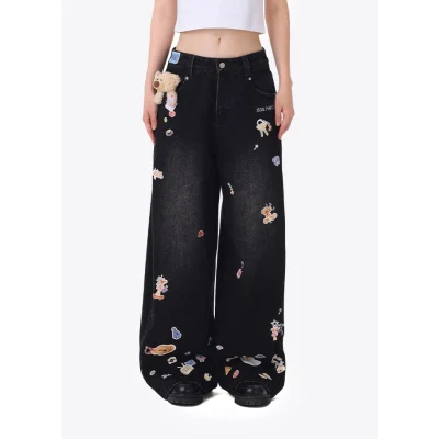 13DE MARZO Bear Stickers Jeans Black