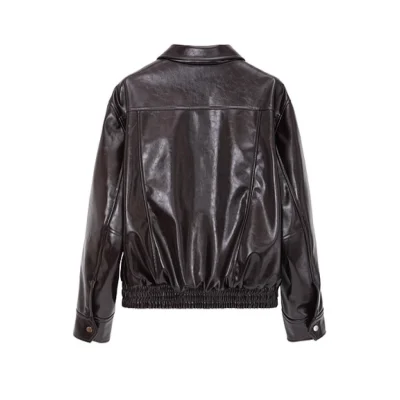 REVAN Glossy PU Leather Jacket with Shearling Lining Black Red - Image 5
