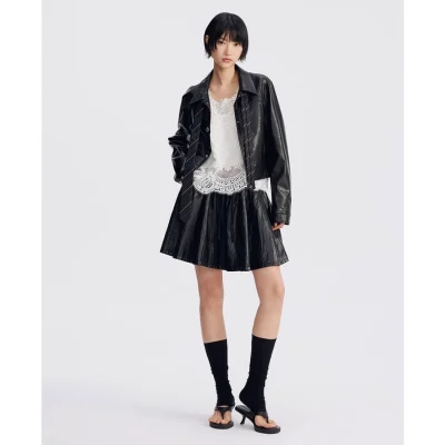 REVAN Classic PU Leather Jacket with Twill Tie Trim Black