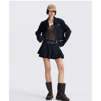 REVAN Faux Leather Look Ruffle Denim Skirt Dark Blue