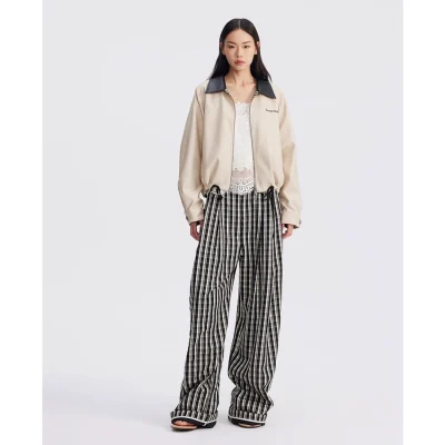 REVAN Reversible Balloon PU Leather Jacket with Check Pattern Khaki