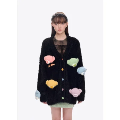 13DE MARZO Doozoo Pastel Bear Cardigan Black