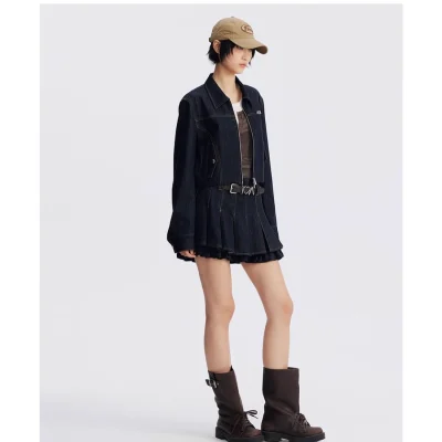REVAN Faux Leather Look Ruffle Denim Skirt Dark Blue - Image 3
