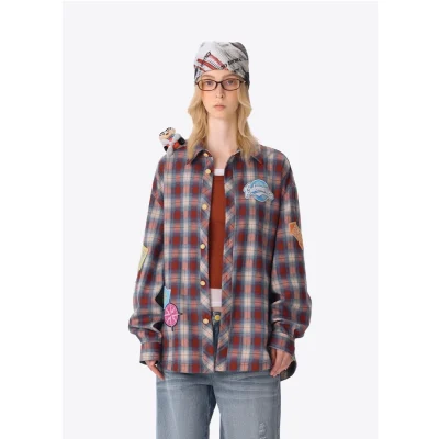 13DE MARZO Flight Bear Badge Check Shirt Red