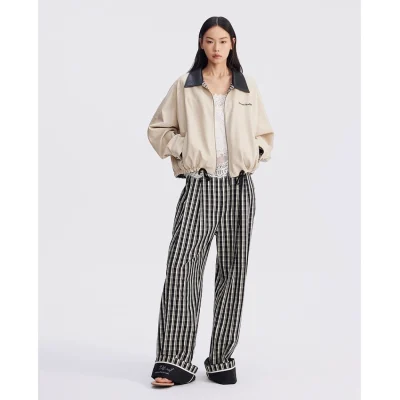 REVAN Reversible Balloon PU Leather Jacket with Check Pattern Khaki - Image 4