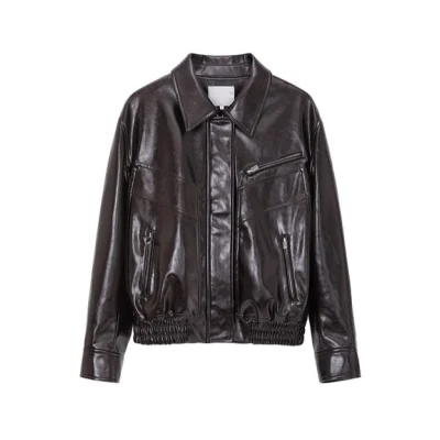 REVAN Glossy PU Leather Jacket with Shearling Lining Black Red