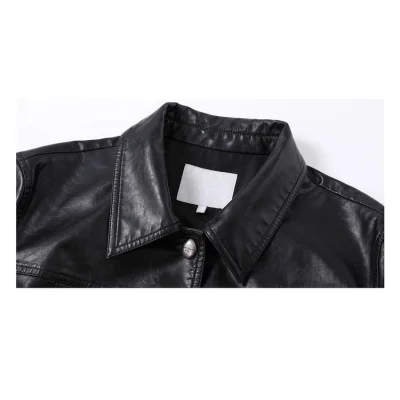 REVAN Classic PU Leather Jacket with Twill Tie Trim Black - Image 7