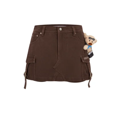 13DE MARZO Camera Bear Cargo Skirt Brown - Image 6