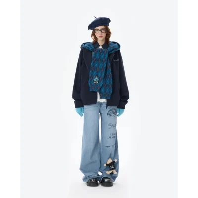 Harry Potter × 13DE MARZO Hogwarts Four Houses Bear Zipper Hoodie Ravenclaw Blue - Image 4
