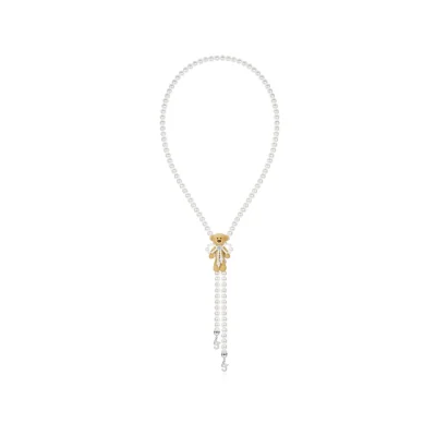 13DE MARZO Bear Pearl Bow Necklace Silver