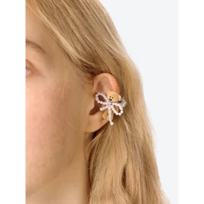 13DE MARZO Bear Pearl Bow Zircon Ear Clip Left Side