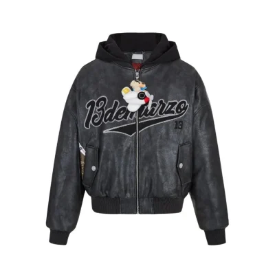 13DE MARZO Pilot Bear Vintage Jacket Black