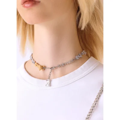 13DE MARZO Bear Logo Zircon Clavicle Chain Silver