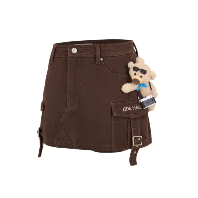 13DE MARZO Camera Bear Cargo Skirt Brown