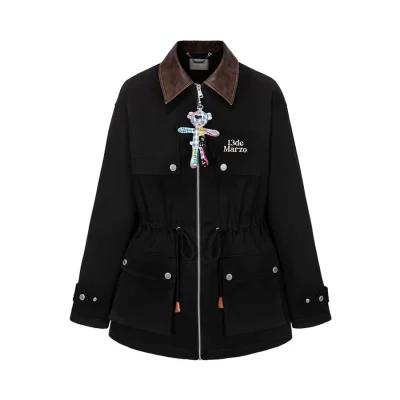 13DE MARZO Patchwork Bear Parka Coat Black