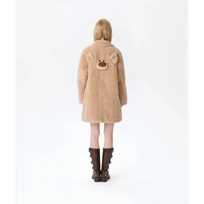 13DE MARZO Bear Fuzzy Long Coat Khaki