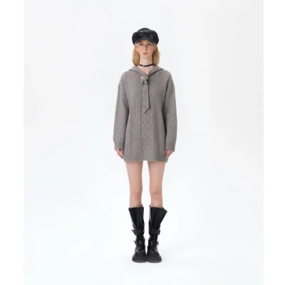 13DE MARZO Bear Knit Hoodie Dress Grey
