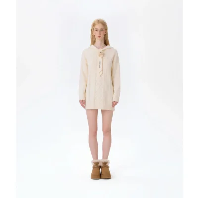 13DE MARZO Bear Knit Hoodie Dress Beige