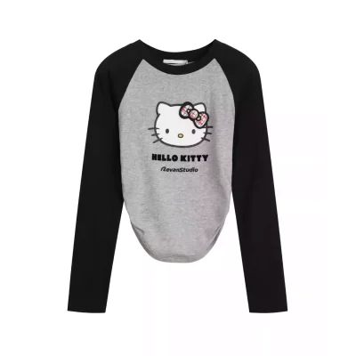 REVAN x Hello Kitty Contrast Raglan Long Sleeve Tee Grey Black