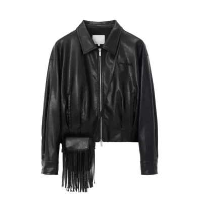 REVAN Tassel Tie PU Jacket Black