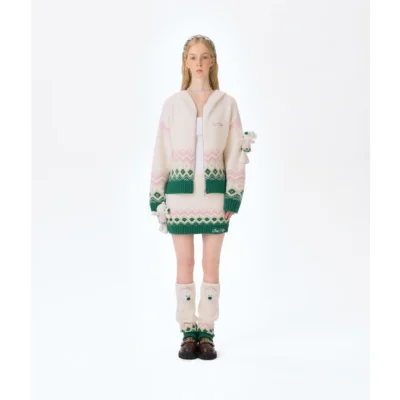 13DE MARZO Fair Isle Bear Cardigan Beige