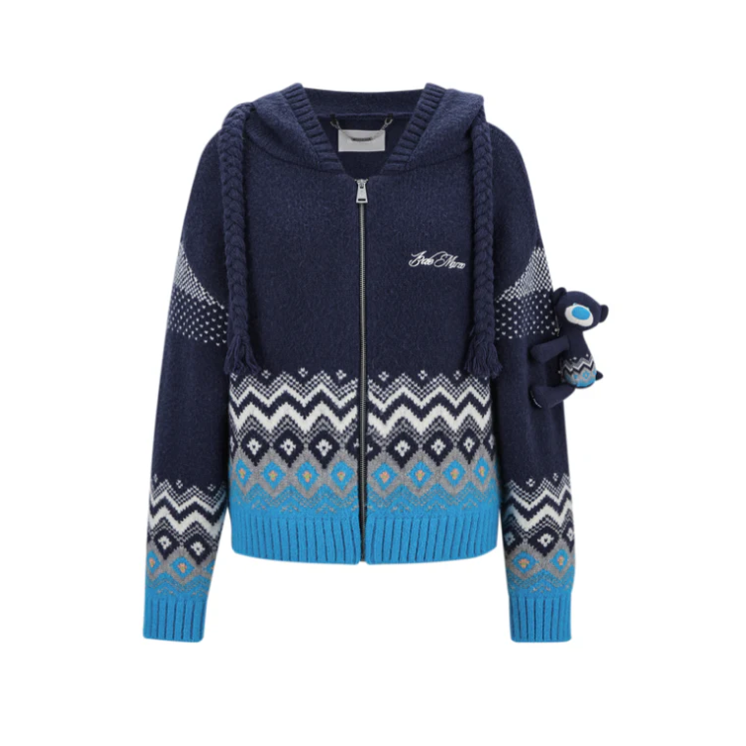 13DE MARZO Fair Isle Bear Cardigan Navy Blue