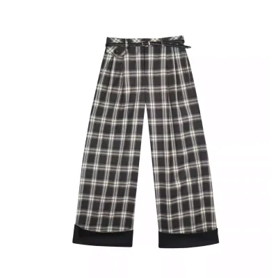 REVAN Plaid Belted Wide Leg Pants Grey