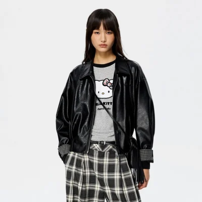 REVAN Tassel Tie PU Jacket Black