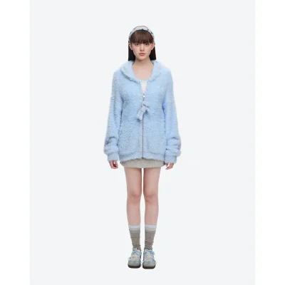 13DE MARZO Faux Mink Fur Zip Jacket Blue
